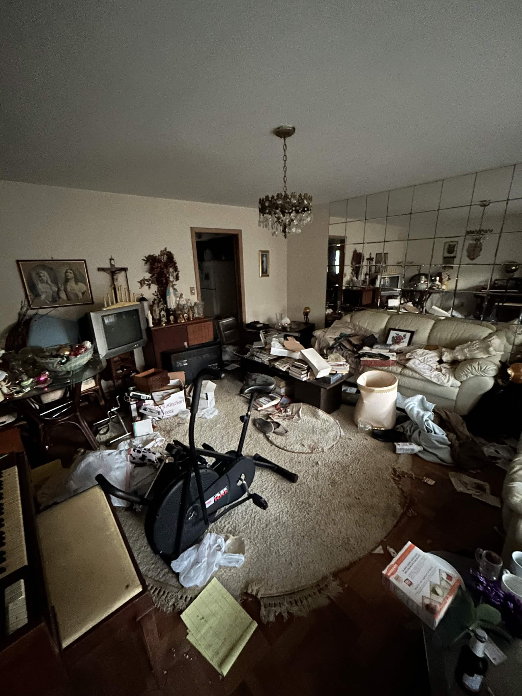 Living room cluttered with furniture, exercise equipment, and belongings before a clean-out