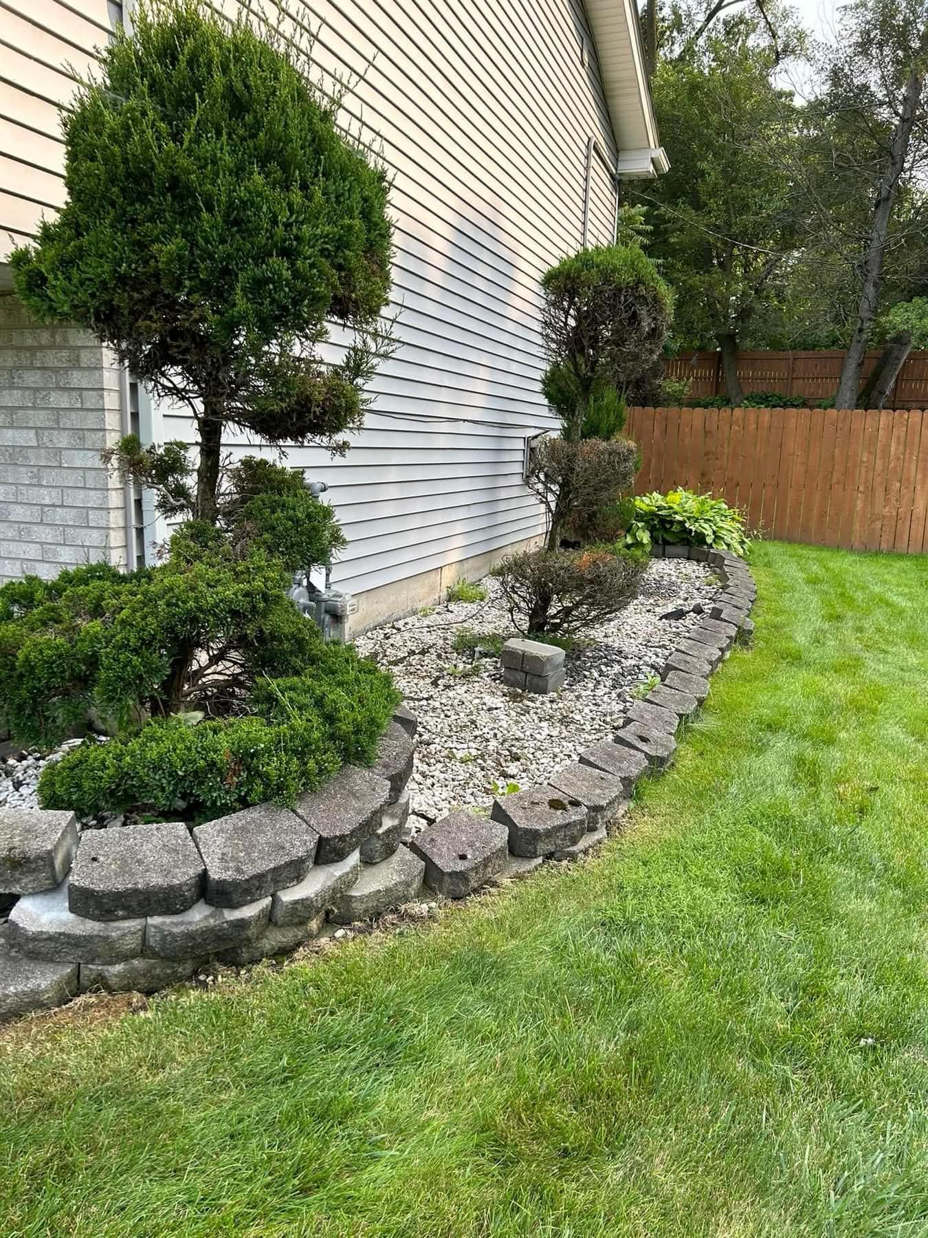Garden bed with white rock landscaping before cleanup
